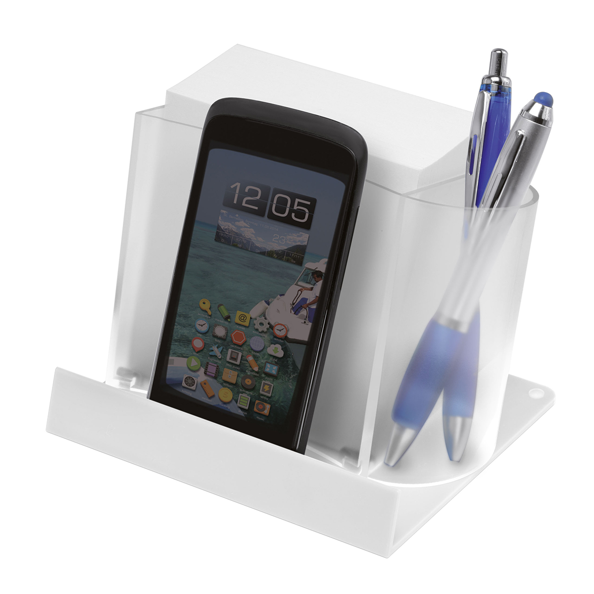 Smartphone-/Tabletständer mit Zettelbox und Köcher